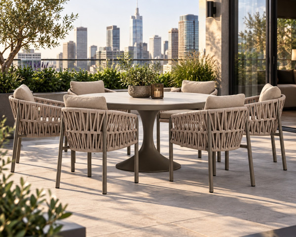 Gartentisch Set Valencia niedriges 150 rund Taupe Ivory - bowi.ch