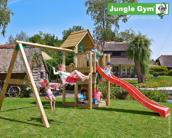 Spielturm Cubby Fichte mit 2-teiliger Anbauschaukel Jungle Gym im Garten - bowi.ch