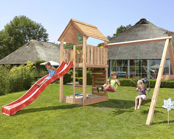 Spielturm Cabin mit 2-teiliger Anbauschaukel Douglasie - bowi.ch