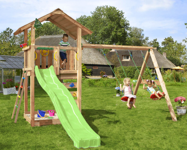 Spielturm Sierra mit 2-teiliger Anbauschaukel Rutschbahn Hellgrün - bowi.ch