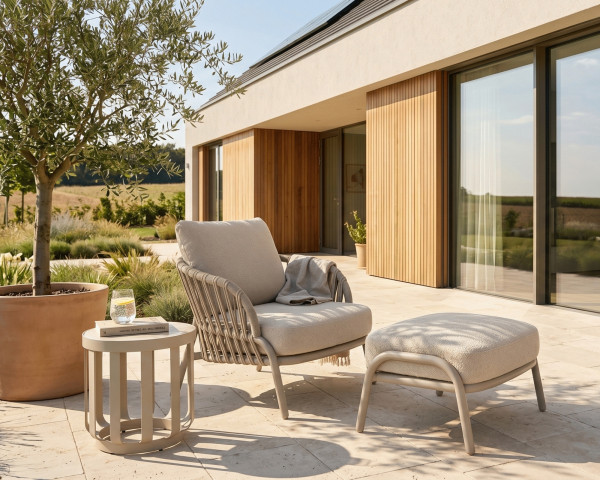 Garten Lounge Set Sessel - Hocker Beistelltisch Dayo Ares in Light Taupe von Zebra - bowi.ch