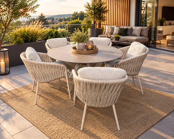Gartentisch Set Lineo-Nappa Beige rund 140 Jasper Mokka - bowi.ch