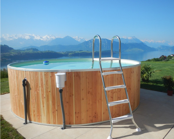 Swimming Pool mit Holzverkleidung rund Typ FUN WOOD aufgestellt mit sandiger Folie - bowi.ch