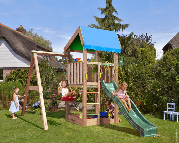 Spielturm Home 2.1 mit 1-teiliger Anbauschaukel Jungle Gym Rutschbahn Dunkelgrün - bowi.ch