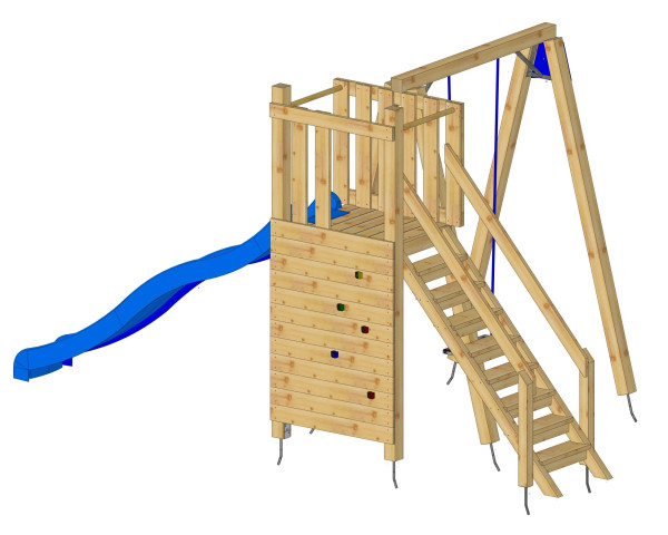 Schaukelturm Junior mit 1-teiliger Anbauschaukel mit Treppe und Handlauf und Rutschbahn - bowi.ch