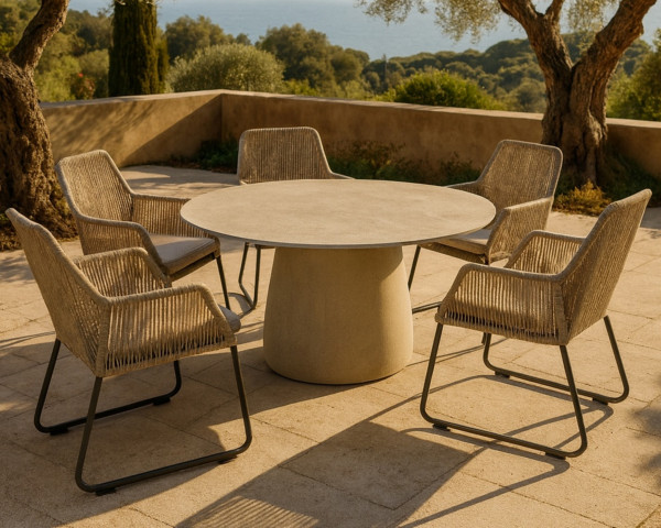 Gartentisch Set Bota - Allanis Ø 145 cm Keramik Aida / Vasenförmigs Gestell in Creme - bowi.ch