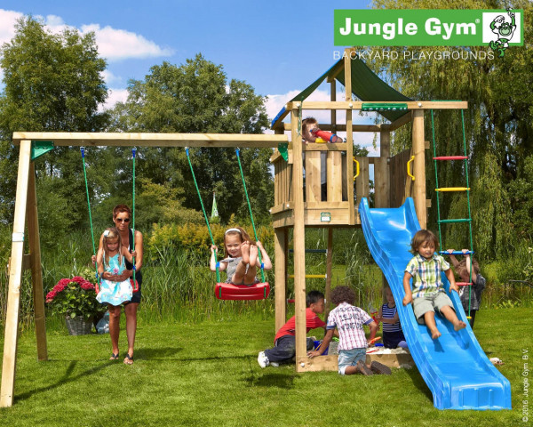 Spielturm Lodge mit 2-teiliger Anbauschaukel Jungle Gym im Garten - bowi.ch